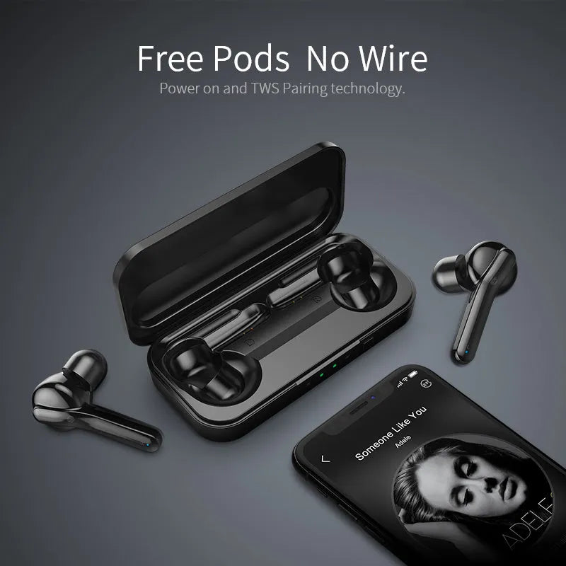 Black TWS wireless earbuds with charging case showing Bluetooth 5.0 and IPX5 waterproof features