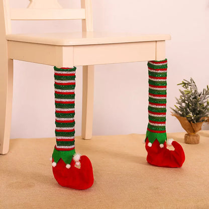 Christmas Striped Elf Table Leg Covers in red and green for festive holiday decor
