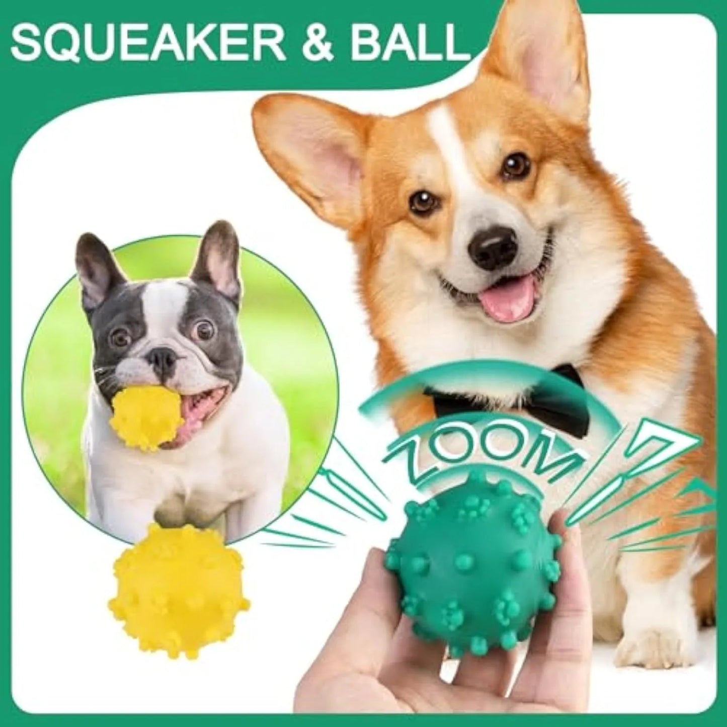 Four colourful spiky dog balls with paw print dimples, measuring 2 inches diameter for small breed dogs