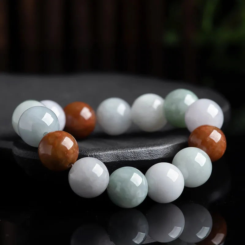 Women's Natural Myanmar Jade Three-colour Bracelet in 13mm round bead design with certificate for authentic national style jewellery