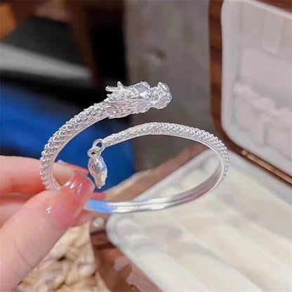 Adjustable dragon tail bangle with detailed relief, Chinese style punk jewelry