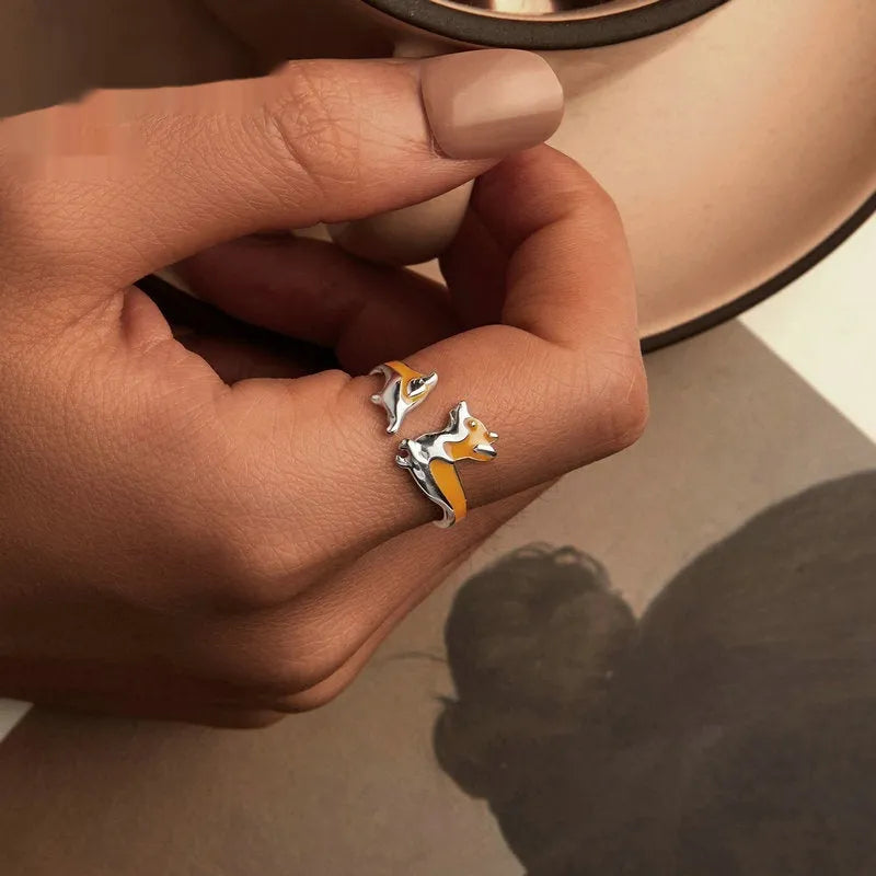 Silver ring with a cute cartoon corgi dog design, electroplated in colour SCR1014-E.