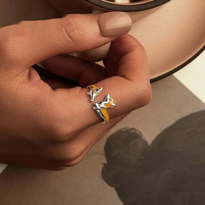 Silver ring with a cute cartoon corgi dog design, electroplated in colour SCR1014-E.