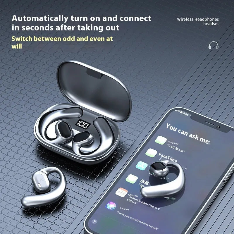 Black ear-mounted Bluetooth headset showing digital display screen and ear hook design