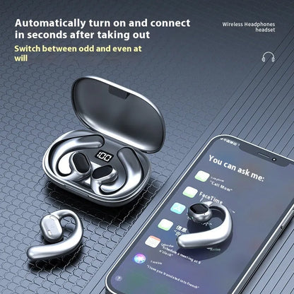 Black ear-mounted Bluetooth headset showing digital display screen and ear hook design