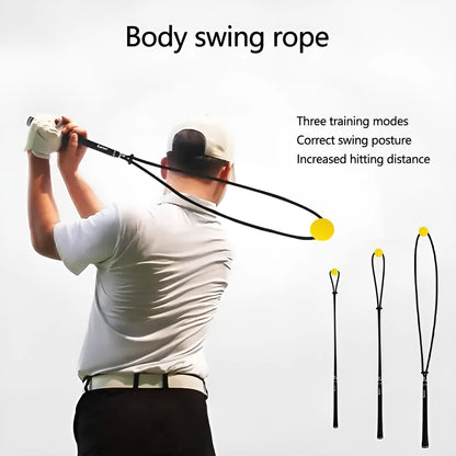 Black silicone elastic golf swing trainer rope for practice and correction drills.