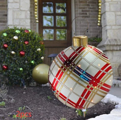Vibrant, inflatable Christmas ornaments in various holiday designs for outdoor decoration