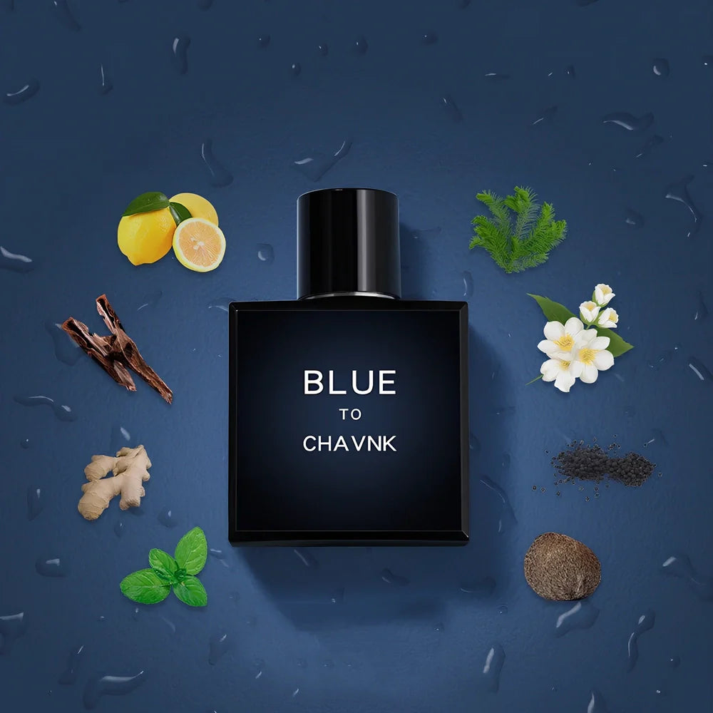 Men's woody citrus perfume bottle in black or blue, 100ml with spray, featuring sandalwood and cedar notes for lasting fragrance