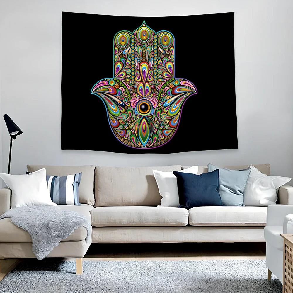 Psychedelic print polyester tapestry in 150x200cm size hanging on wall, vibrant colours on lightweight fabric