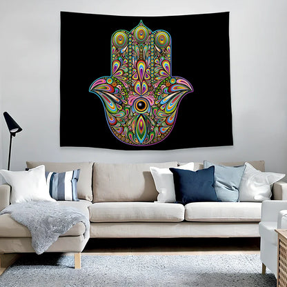 Psychedelic print polyester tapestry in 150x200cm size hanging on wall, vibrant colours on lightweight fabric