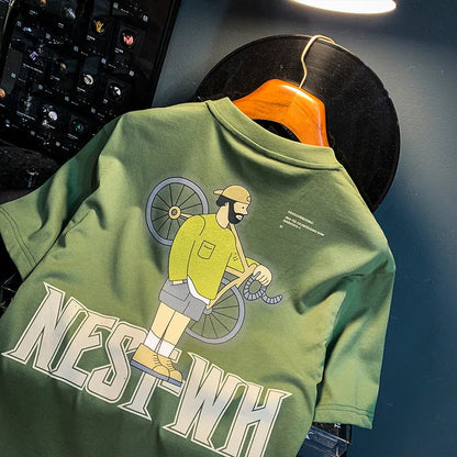 Green men's loose fit t-shirt with 'Literary Youth' text print on the front.