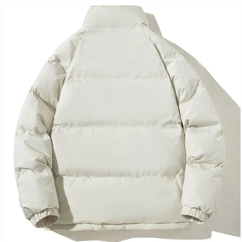 A plush, cozy winter jacket with a stand-up collar and pockets, available in a variety of colors for couples