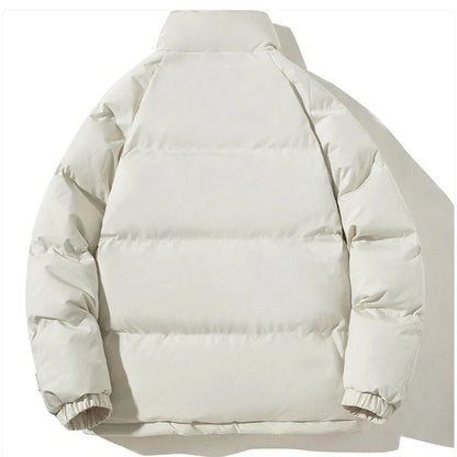 A plush, cozy winter jacket with a stand-up collar and pockets, available in a variety of colors for couples