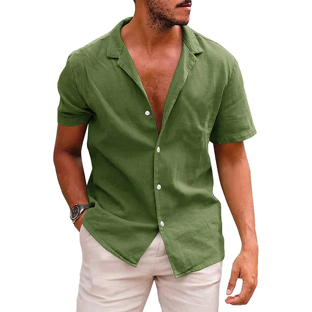 Men's casual linenCotton short sleeve button-down shirt in various colors