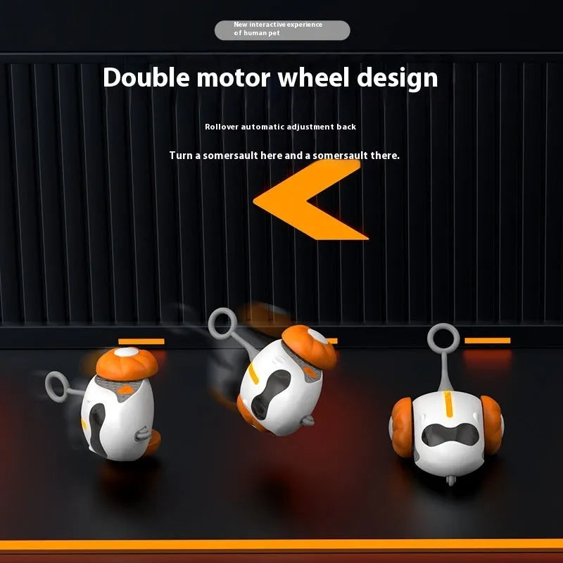 Remote control cat toy with feather teaser on moving car, shown in blue and orange colour options