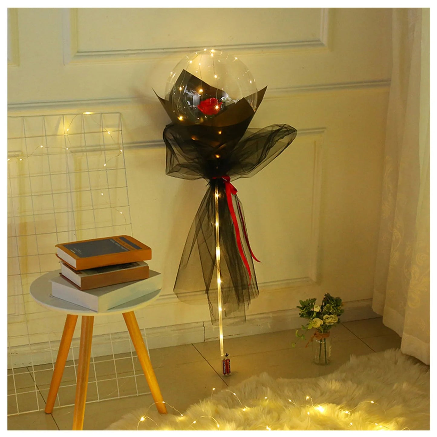 Transparent LED luminous balloon rose bouquet with artificial flowers and illuminated lights