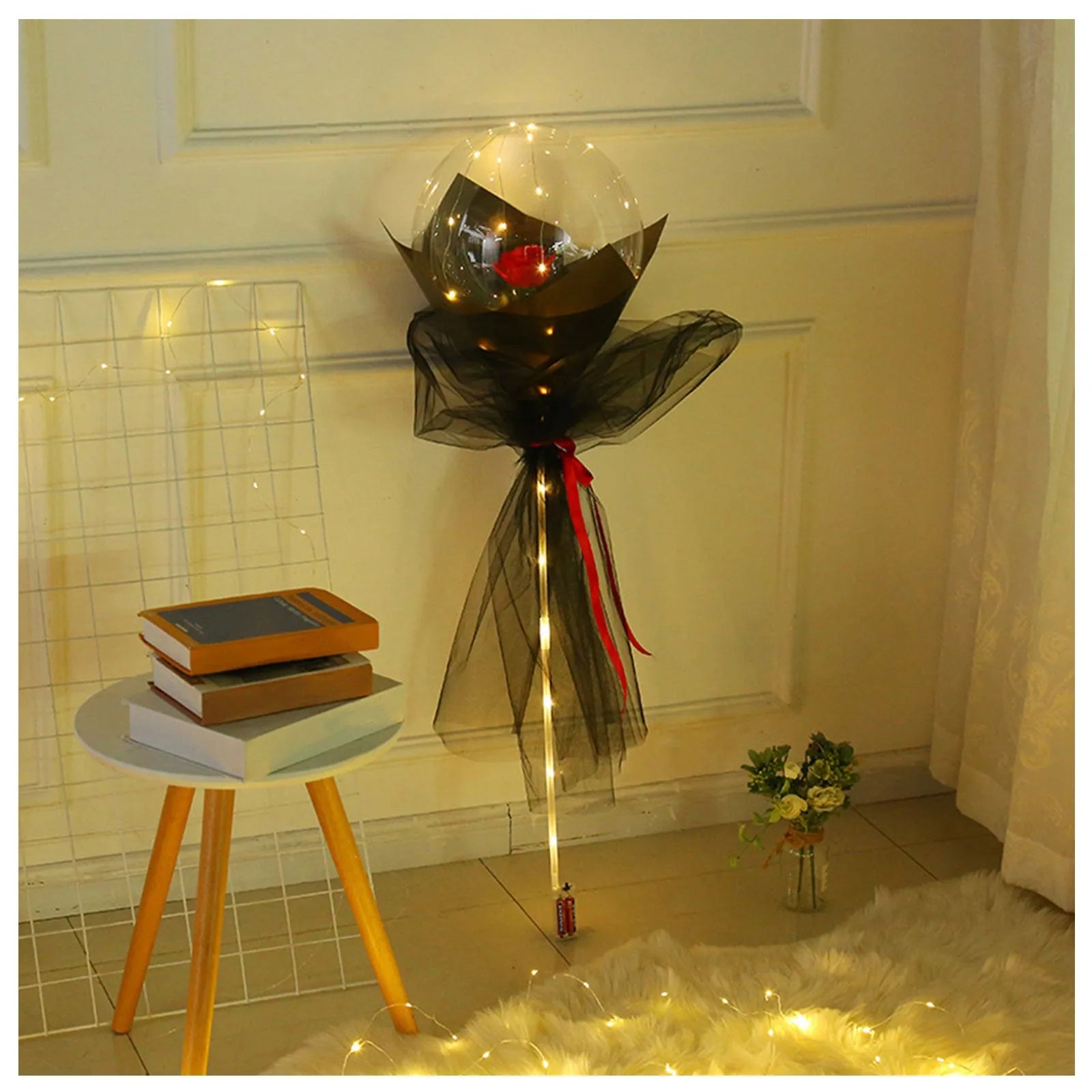 Transparent LED luminous balloon rose bouquet with artificial flowers and illuminated lights
