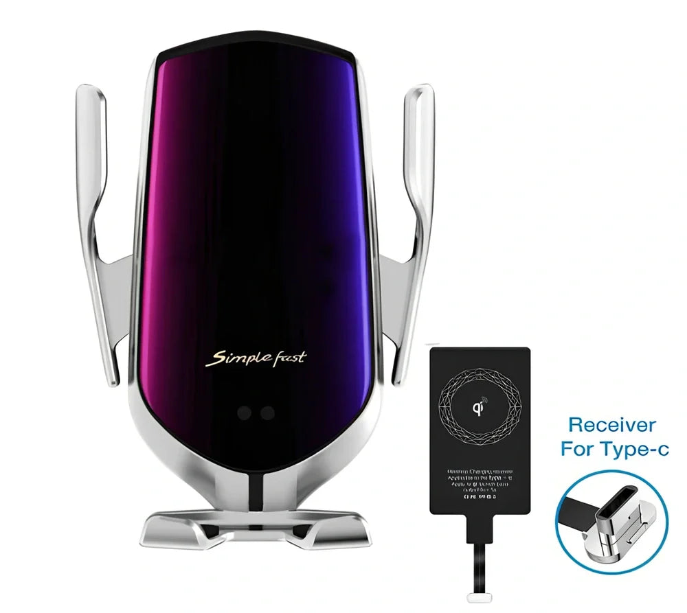 Black car wireless charger phone holder with suction cup mount and 360-degree rotation on a dashboard