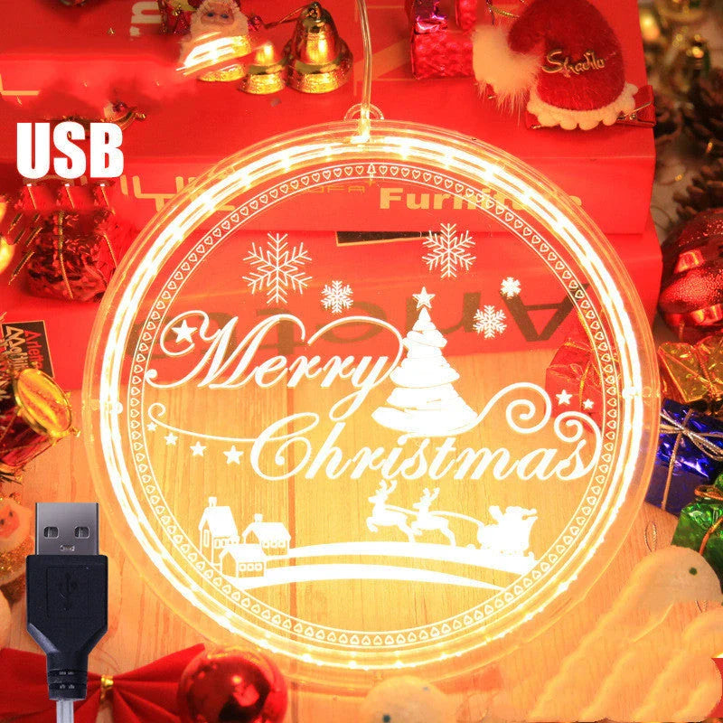Elegant 3D hanging Christmas lamp with various festive designs, including bells, snowflakes, and Christmas trees.