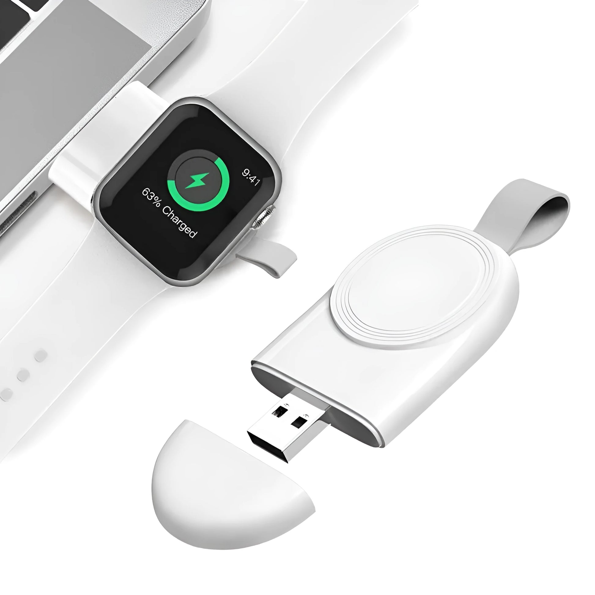 Portable Apple Watch wireless charging dock station with USB cable and built-in battery