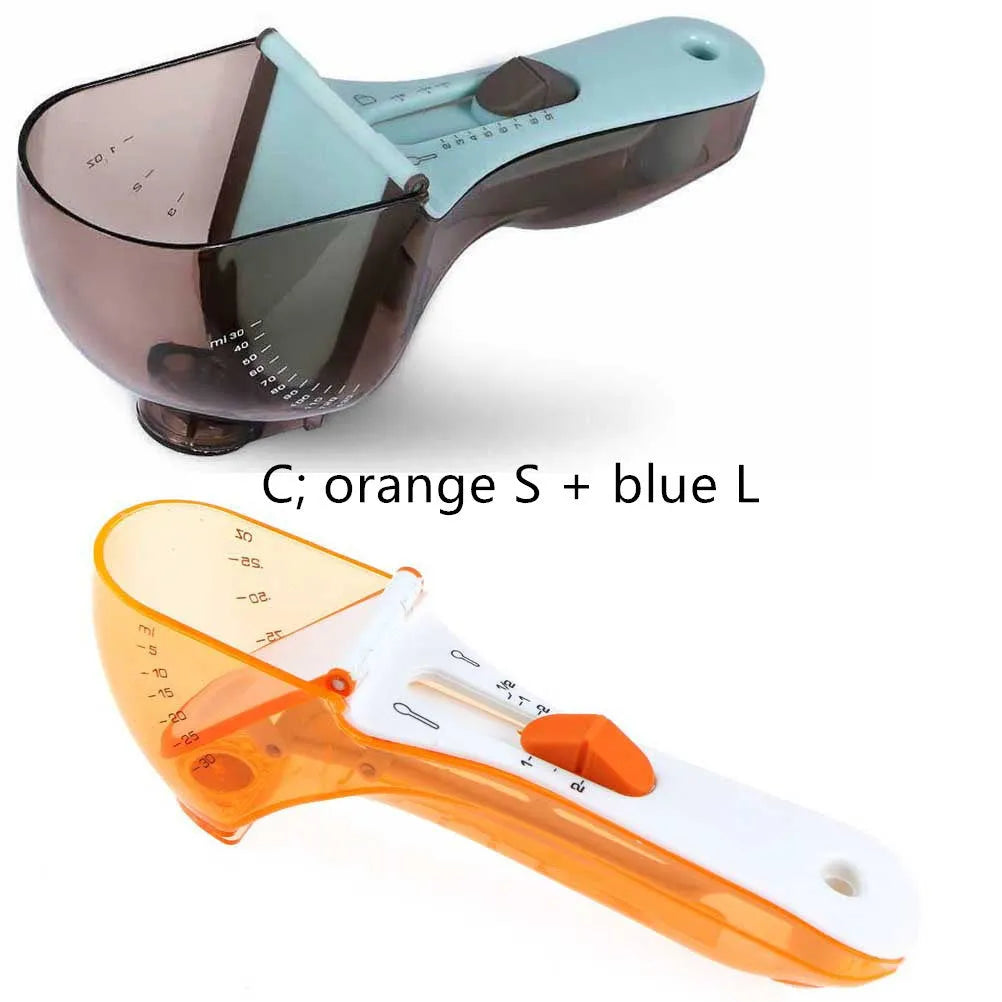 Orange and blue digital measuring spoon set showing measurement units and ergonomic handle.