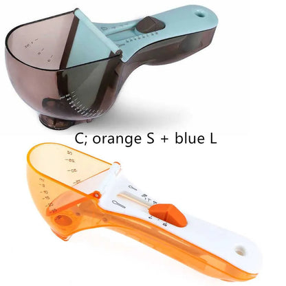 Orange and blue digital measuring spoon set showing measurement units and ergonomic handle.