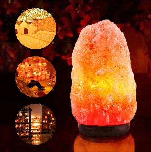 Natural rose crystal salt lamp with rock salt base and soothing glow