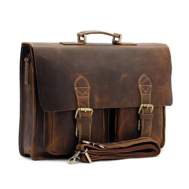 Men's messenger bag made from genuine Crazy Horse leather cowhide with nylon lining in small size yellow-brown colour, a durable leather shoulder bag for daily carry and professional use