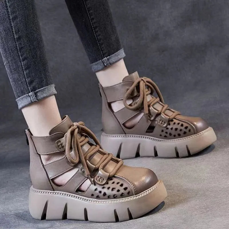 Women's platform sandals with hollow hole design in cowhide leather and fish mouth toe shape