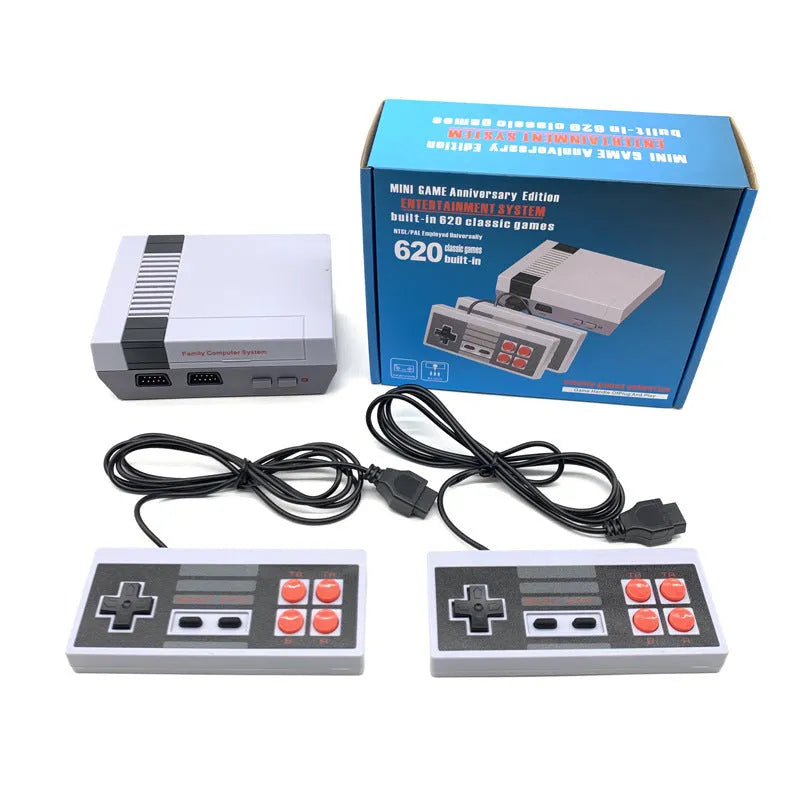 NES 8-bit retro game console with AV cable and two controllers on display