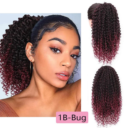 Drawstring puffy ponytail with afro curls in medium length for women, shown in simple style and colour options 1B, 27 and Bug.