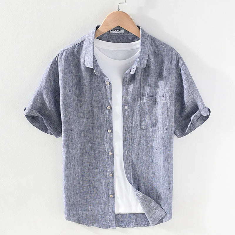 Men's linen square collar shirt with short sleeves in raw jute colour, cardigan style