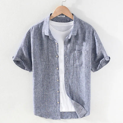 Men's linen square collar shirt with short sleeves in raw jute colour, cardigan style