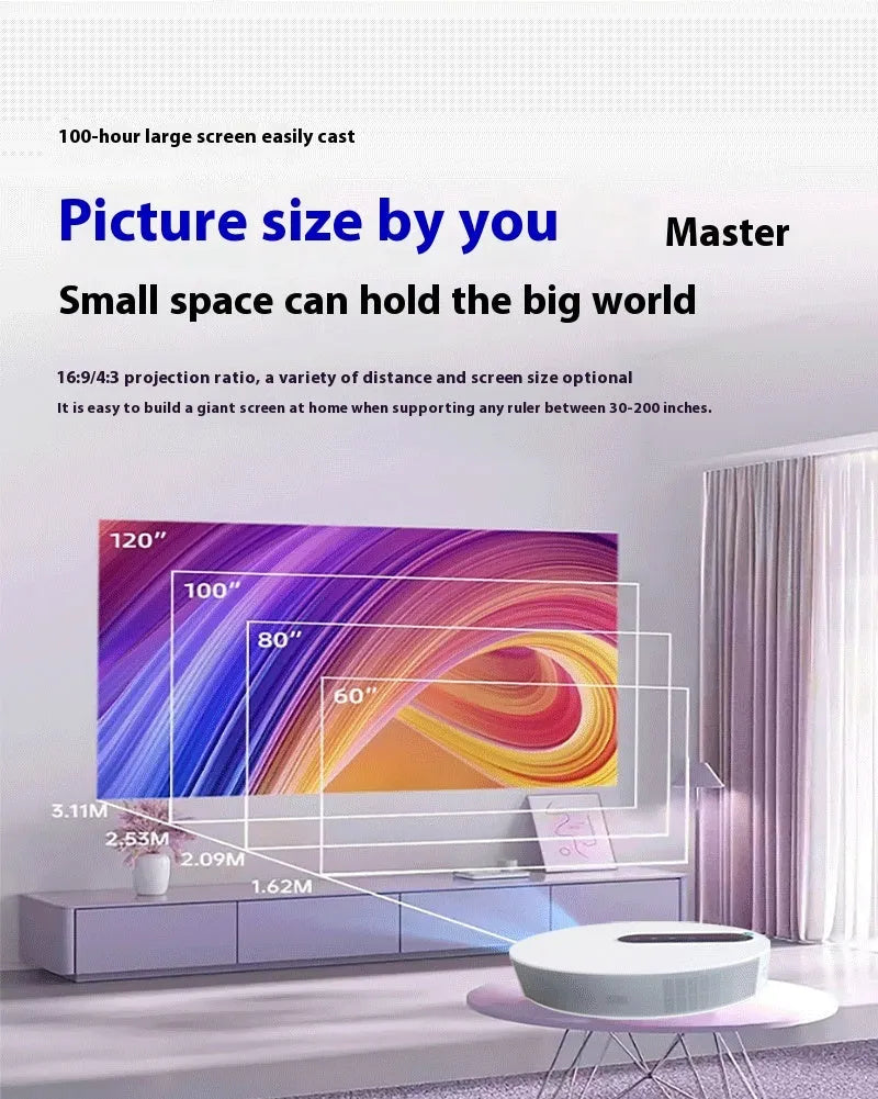 White HD smart home cinema projector with remote control on a wooden surface.