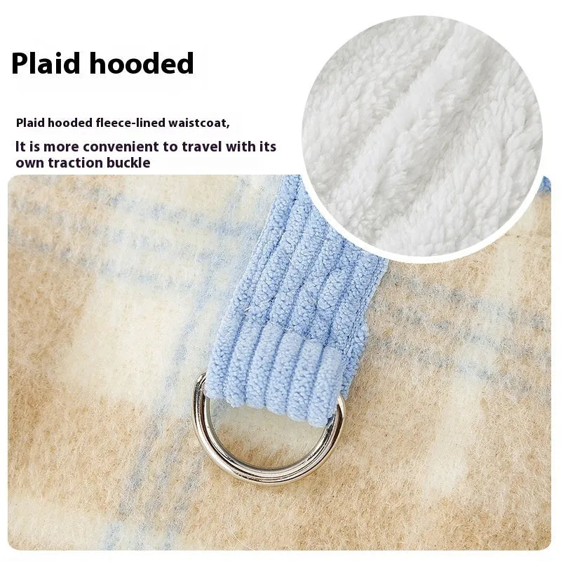 Blue corduroy dog hoodie with chessboard grid pattern and a hood.