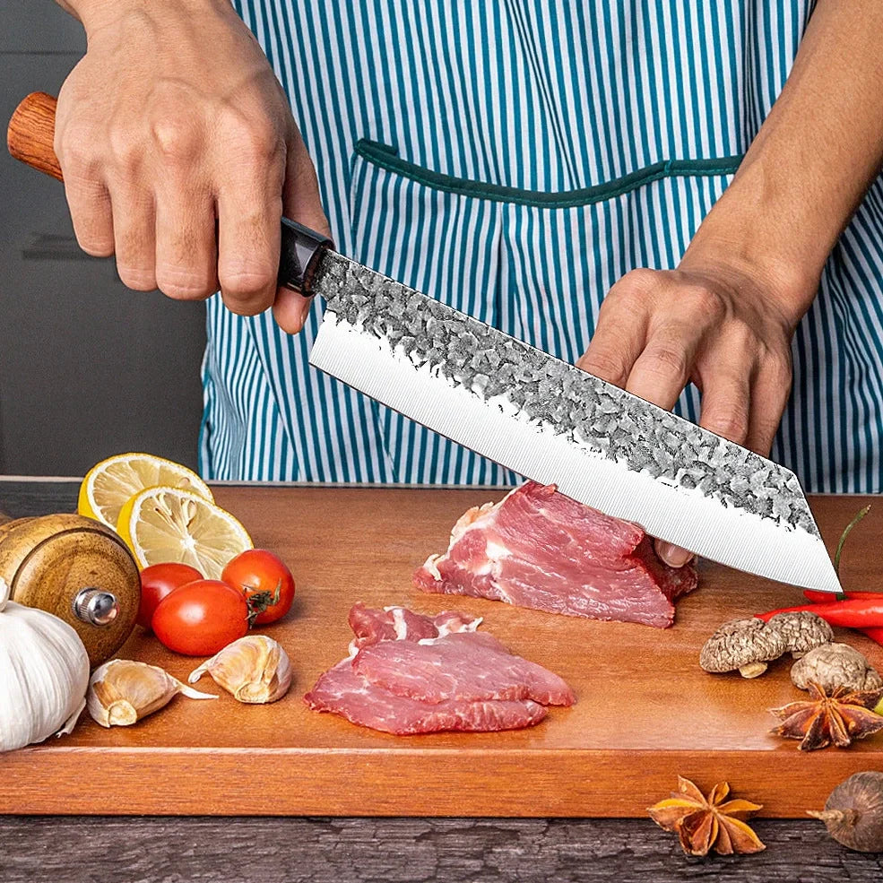 Handmade hammered forged Santoku knife with 18cm stainless steel blade and full tang handle