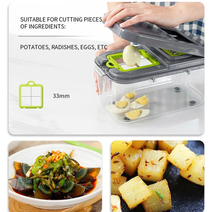 Grey multi-function vegetable cutter with stainless steel blades and foldable compartment design measuring 26cm