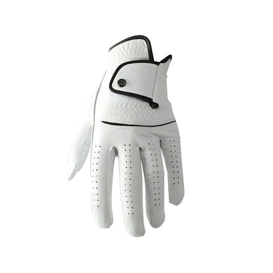 White half sheepskin golf glove for men showing non-slip grip palm detail