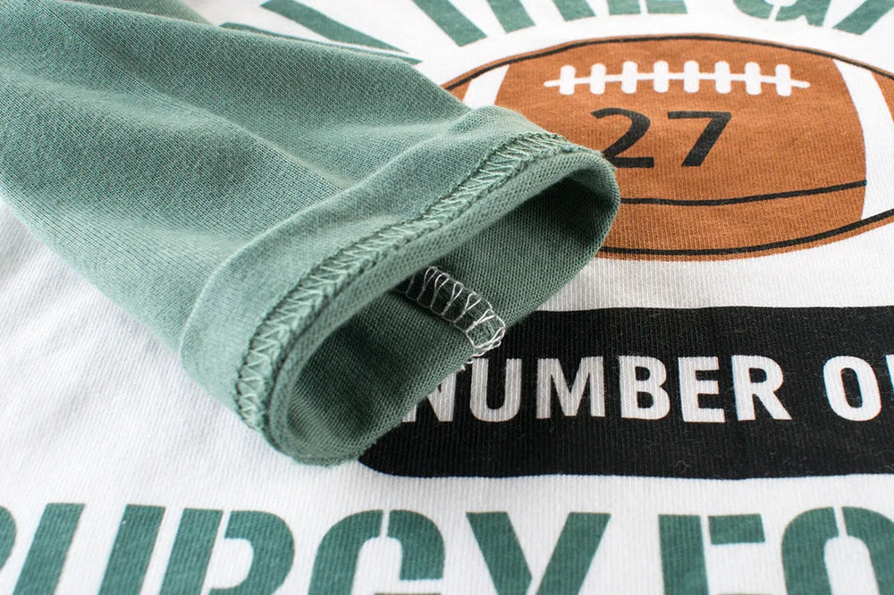 Korean boy's green long-sleeve bottoming shirt with soft-treated fabric, size chart showing measurements