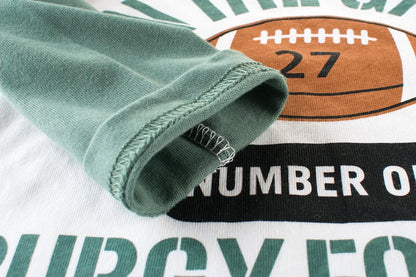 Korean boy's green long-sleeve bottoming shirt with soft-treated fabric, size chart showing measurements