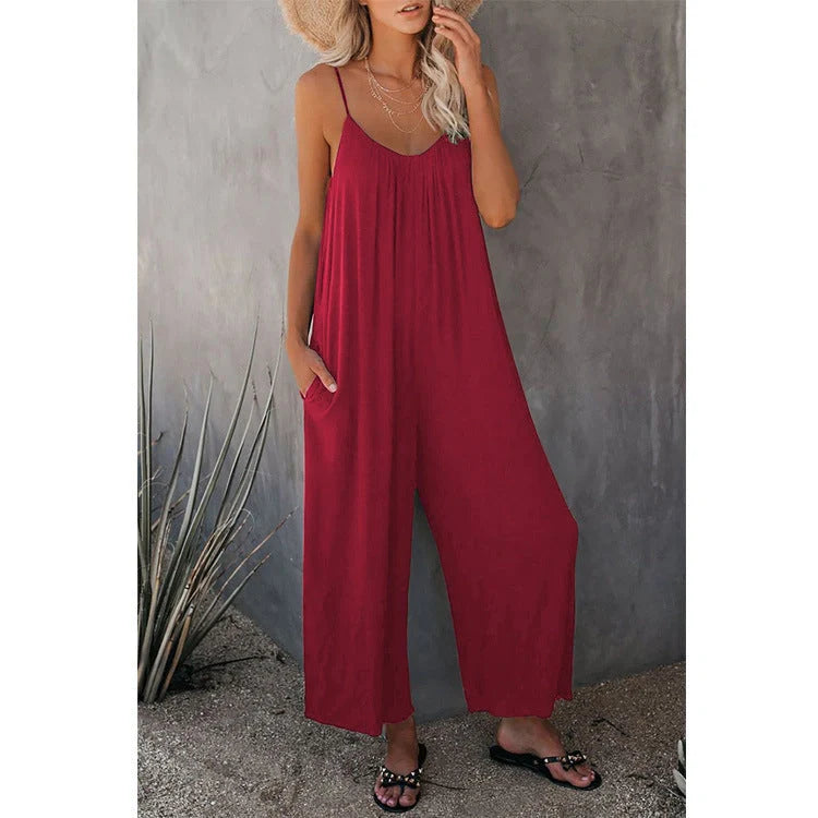 Women's sleeveless cotton blend jumpsuit with pockets in various colors