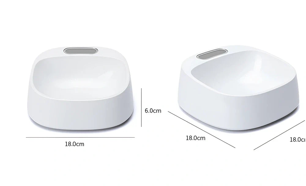 White smart weighing pet bowl with digital display and four stabilising feet for accurate food measurement