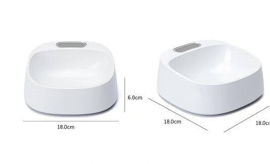 White smart weighing pet bowl with digital display and four stabilising feet for accurate food measurement