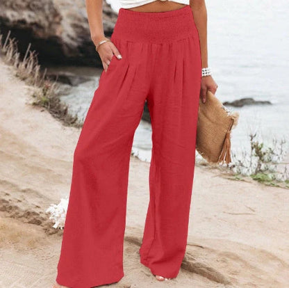 Women's wide leg casual pants in cotton linen blend, available in multiple colors