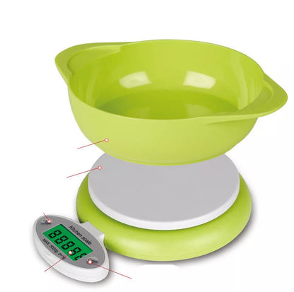 Green multifunctional kitchen baking scale with 5kg capacity and precise measurements