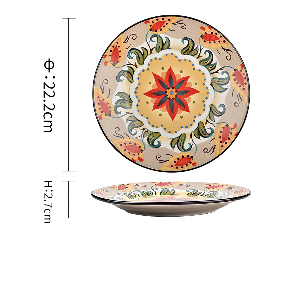 Underglaze ceramic bowl with Bohemian floral pattern in blue mandarin duck design, 8 inch diameter