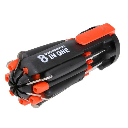 8-in-1 multifunctional screwdriver set with LED light showing seven different bit sizes