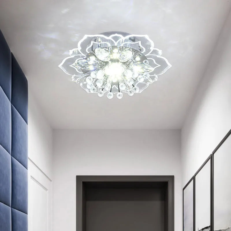 Modern minimalist crystal ceiling lamp with flower-shaped acrylic shade and stainless steel mount