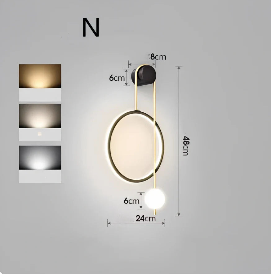 Nordic wall lamp with black gold finish and LED lighting, mounted beside bed with dimming controls