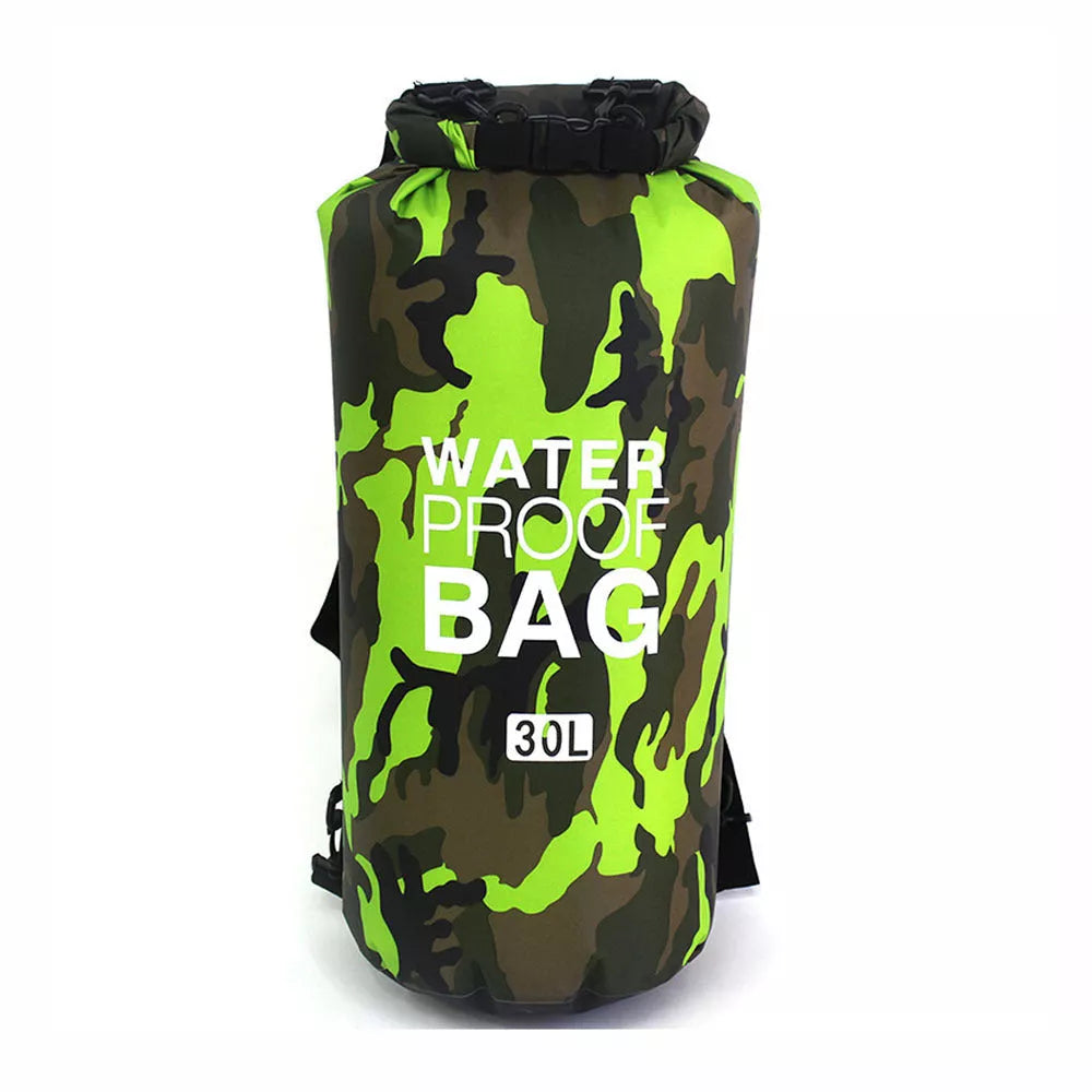 Camouflage polyester waterproof bag with PVC for outdoor activities, available in multiple colors and sizes.